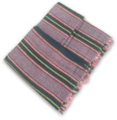 A pink and green striped towel with fringe on a white background