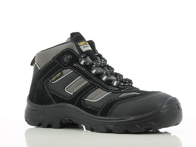 A pair of black and gray safety boots on a white surface.