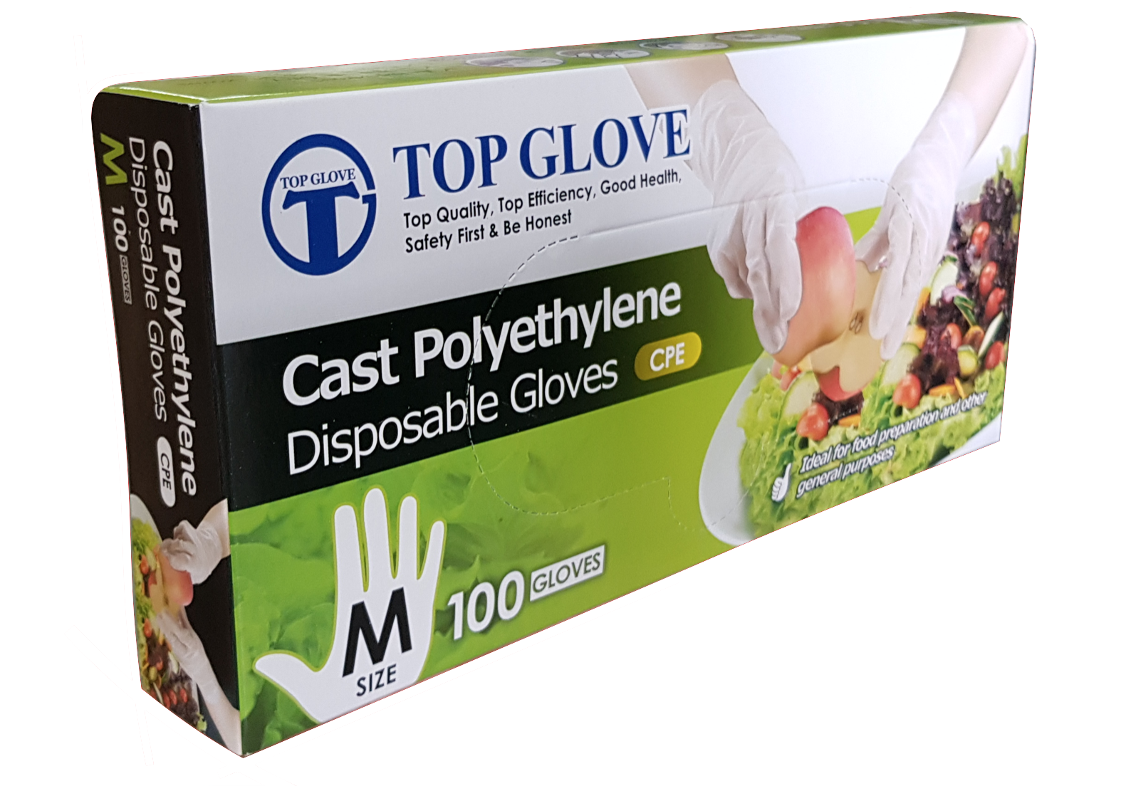 A box of top glove cast polyethylene disposable gloves