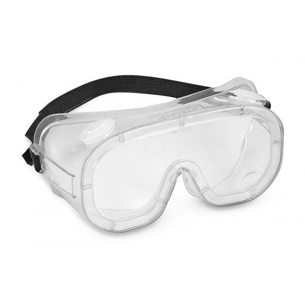 A pair of clear safety goggles with a black strap on a white background.