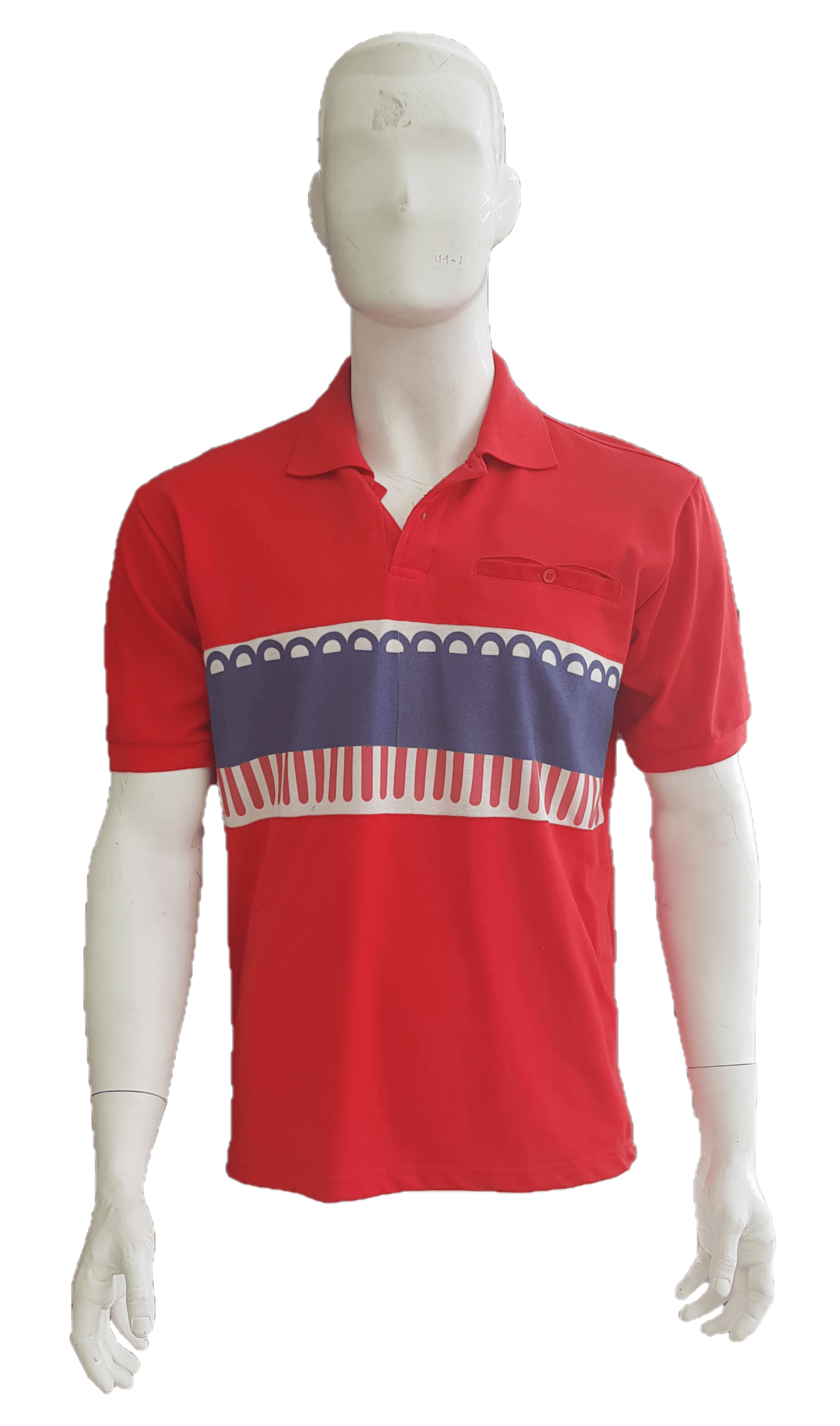 A mannequin is wearing a red polo shirt with a blue and white stripe on the front.
