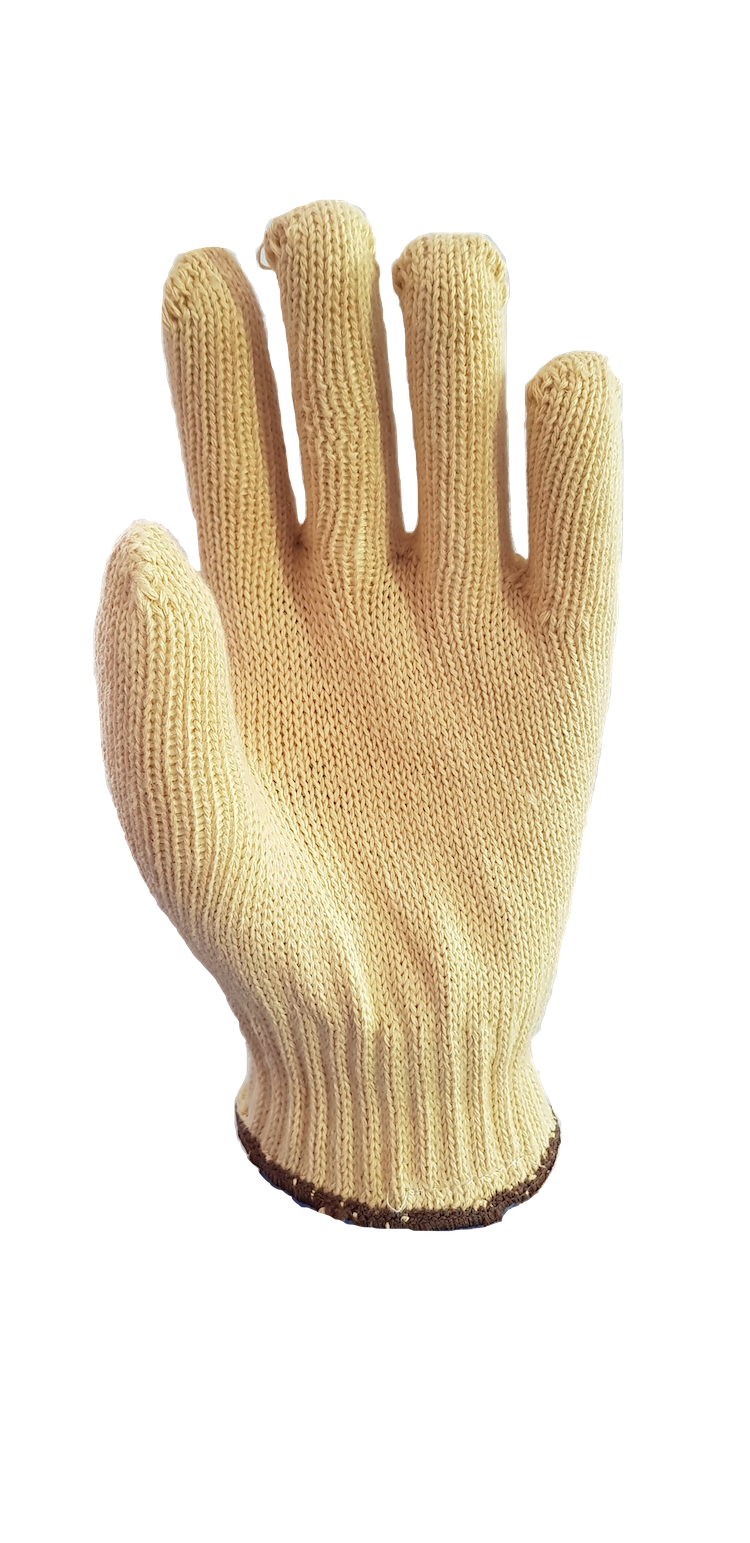 A close up of a knitted glove on a white background.