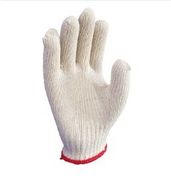 A pair of white knitted gloves with a red cuff on a white background.