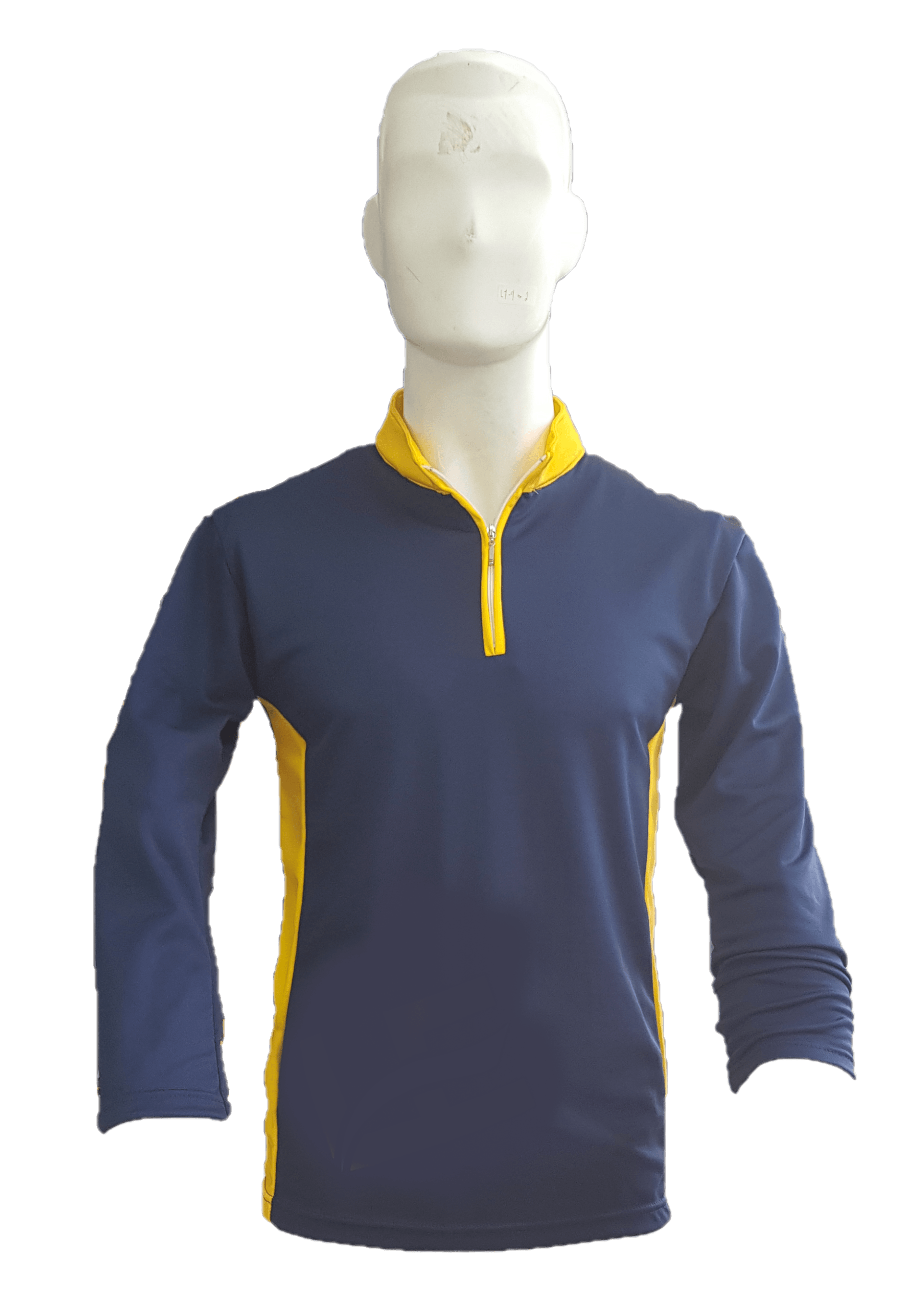 A mannequin is wearing a blue and yellow shirt with a yellow zipper.