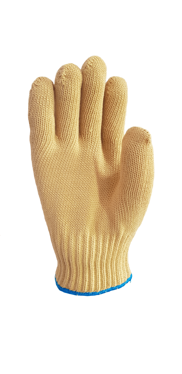 A close up of a knitted glove on a white background.