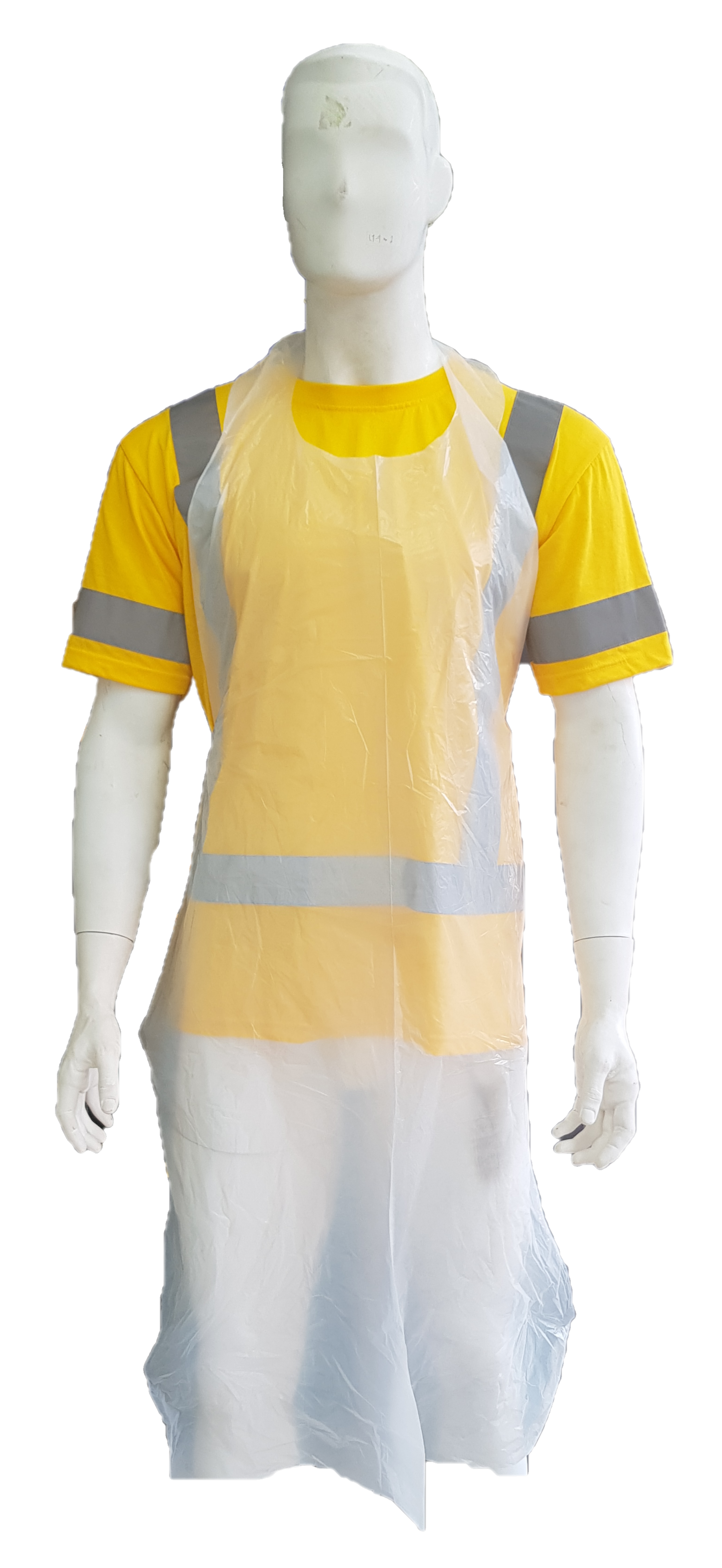 A mannequin wearing a yellow shirt and a white apron.