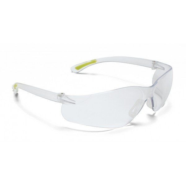 A pair of safety glasses with clear lenses on a white background.