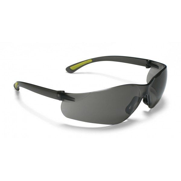 A pair of safety glasses with a gray lens on a white background