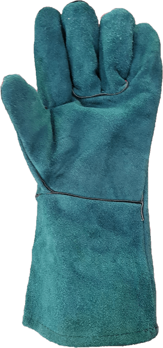 A pair of blue leather welding gloves on a white background.