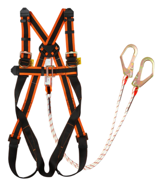 A mannequin is wearing a red safety harness and rope.