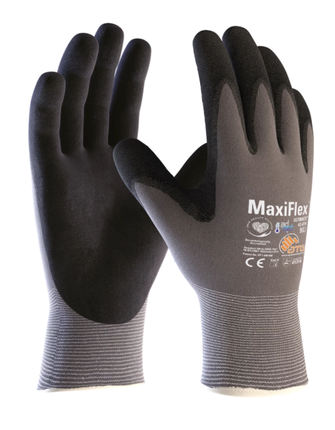 A pair of black maxiflex gloves on a white background