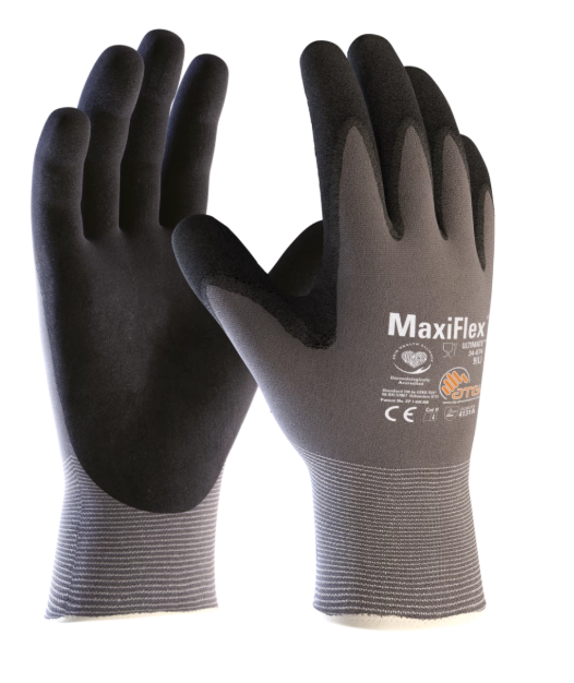 A pair of black maxiflex gloves on a white background