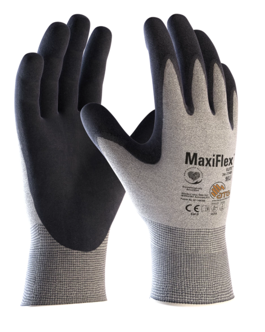 A pair of black and grey maxiflex gloves
