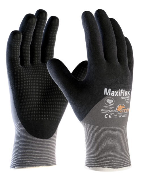 A pair of black maxiflex gloves on a white background
