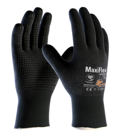 A pair of black maxiflex gloves on a white background
