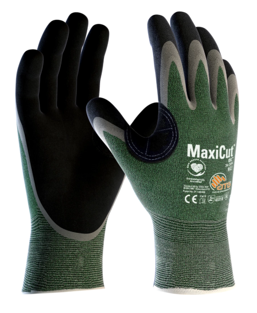 A pair of green and black maxicut gloves on a white background