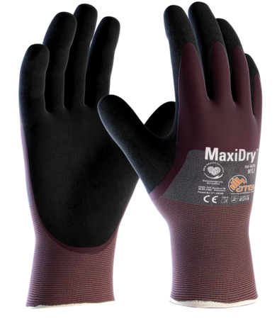 A pair of purple and black maxidry gloves