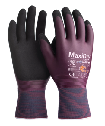 A pair of black and purple maxidry gloves