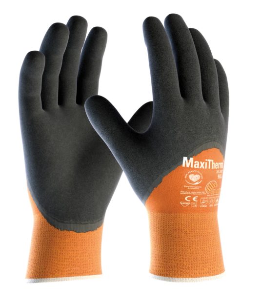 A pair of orange and black safety gloves with the word maxi on them
