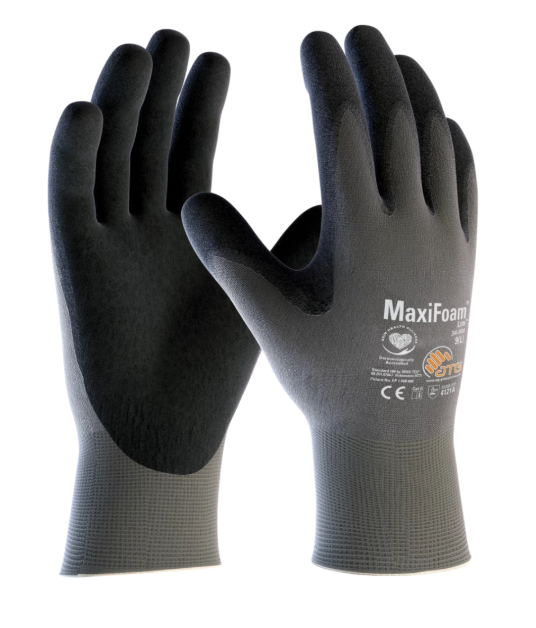 A pair of gray and white gloves on a white background.