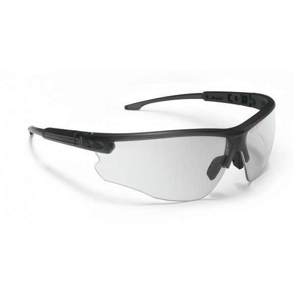 A pair of safety glasses with clear lenses on a white background