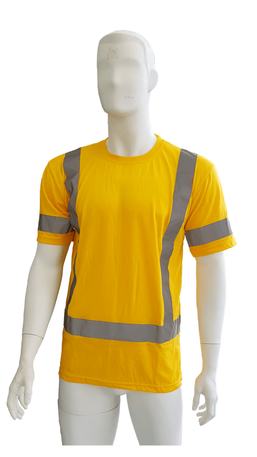 A mannequin is wearing a yellow t-shirt with reflective stripes.