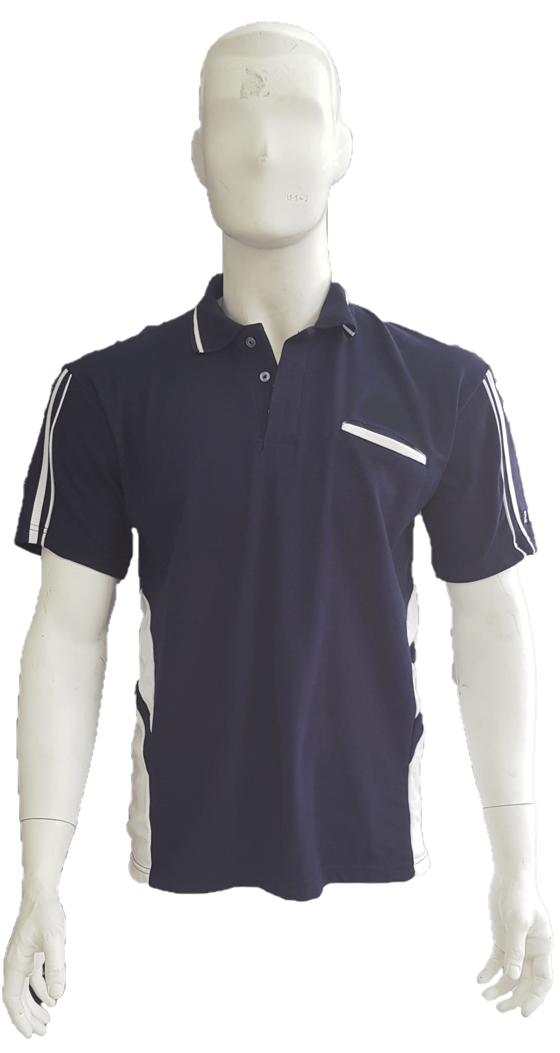 A mannequin is wearing a blue polo shirt with white stripes on the sleeves.