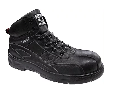 A pair of black safety boots on a white background.