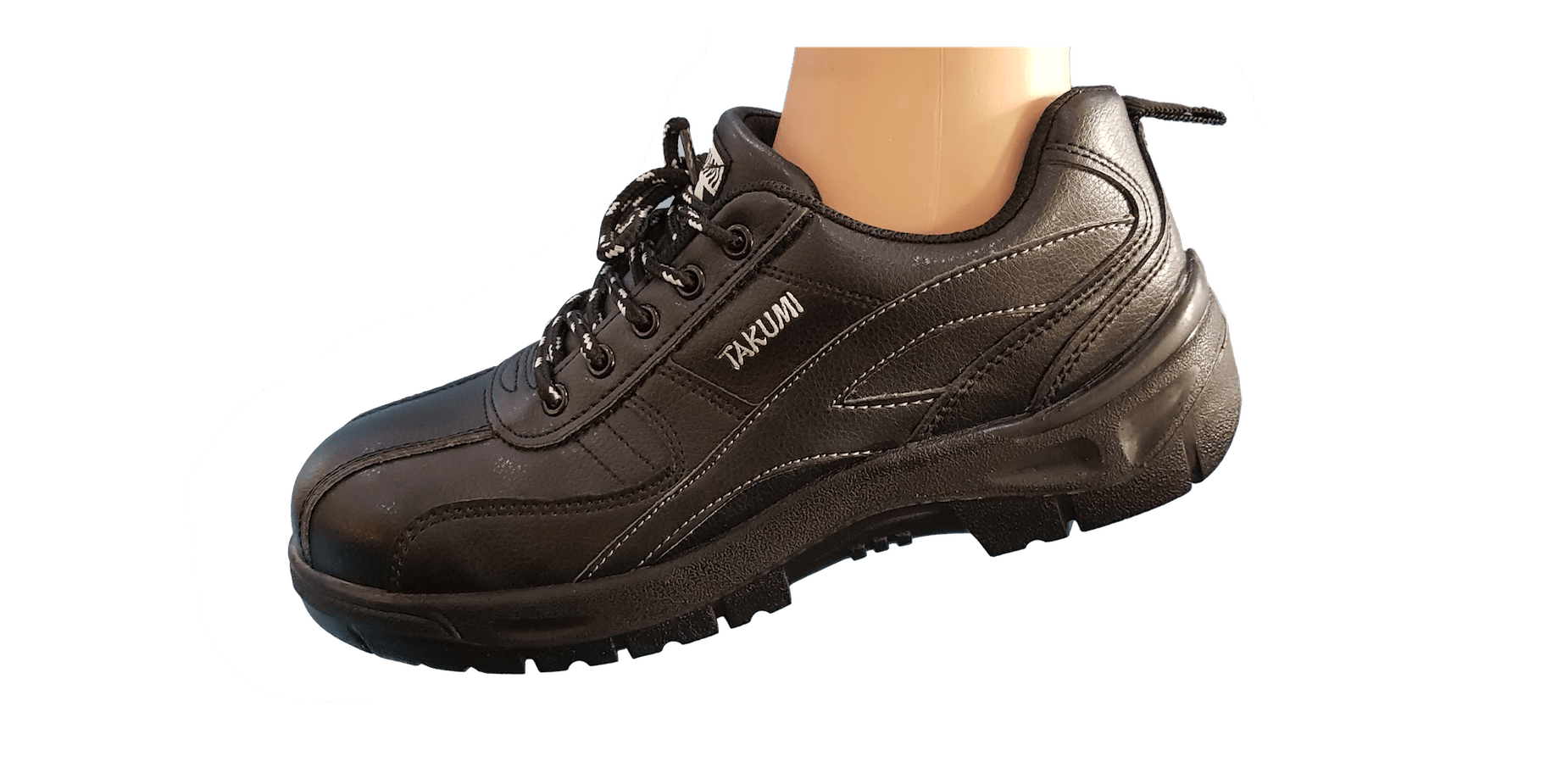 A person is wearing a pair of black safety shoes.