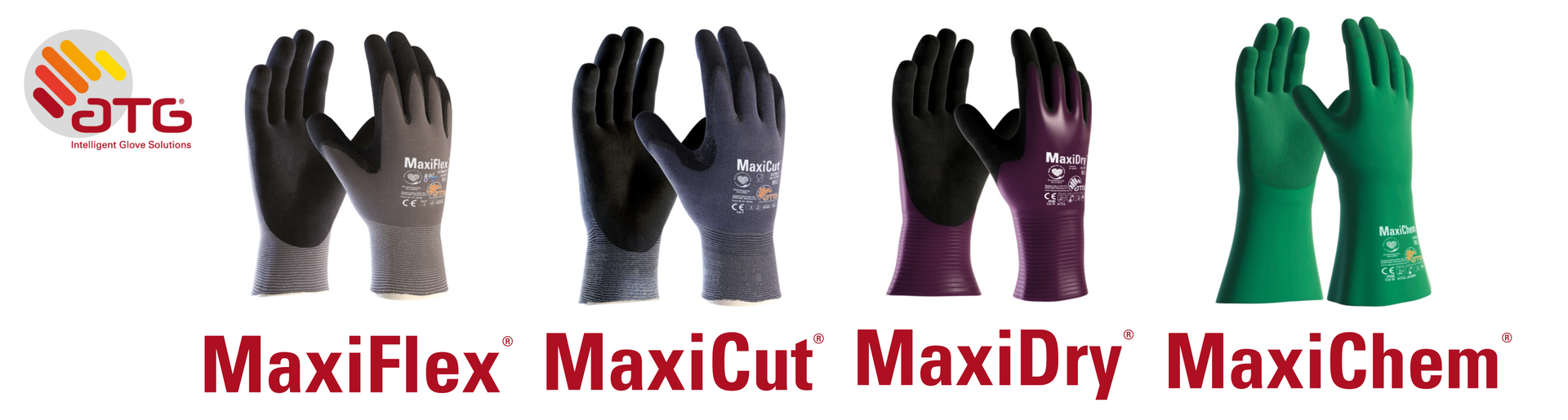 Four different types of gloves are lined up in a row