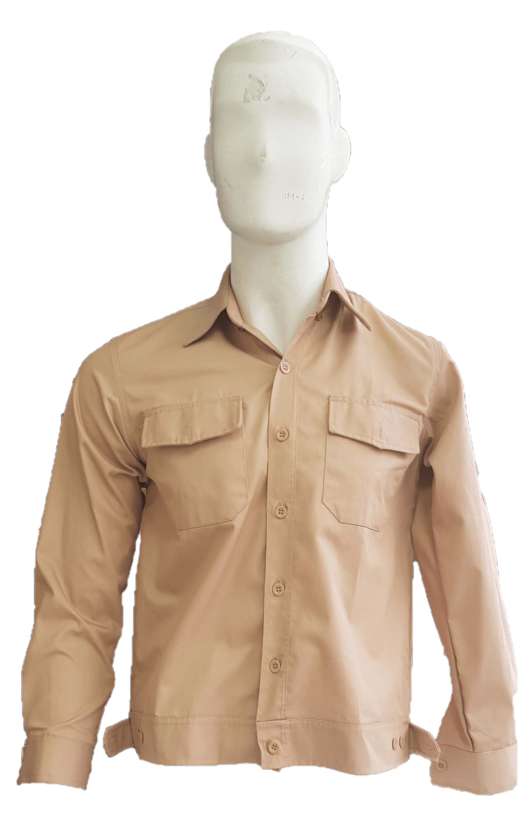 A mannequin wearing a tan shirt with long sleeves