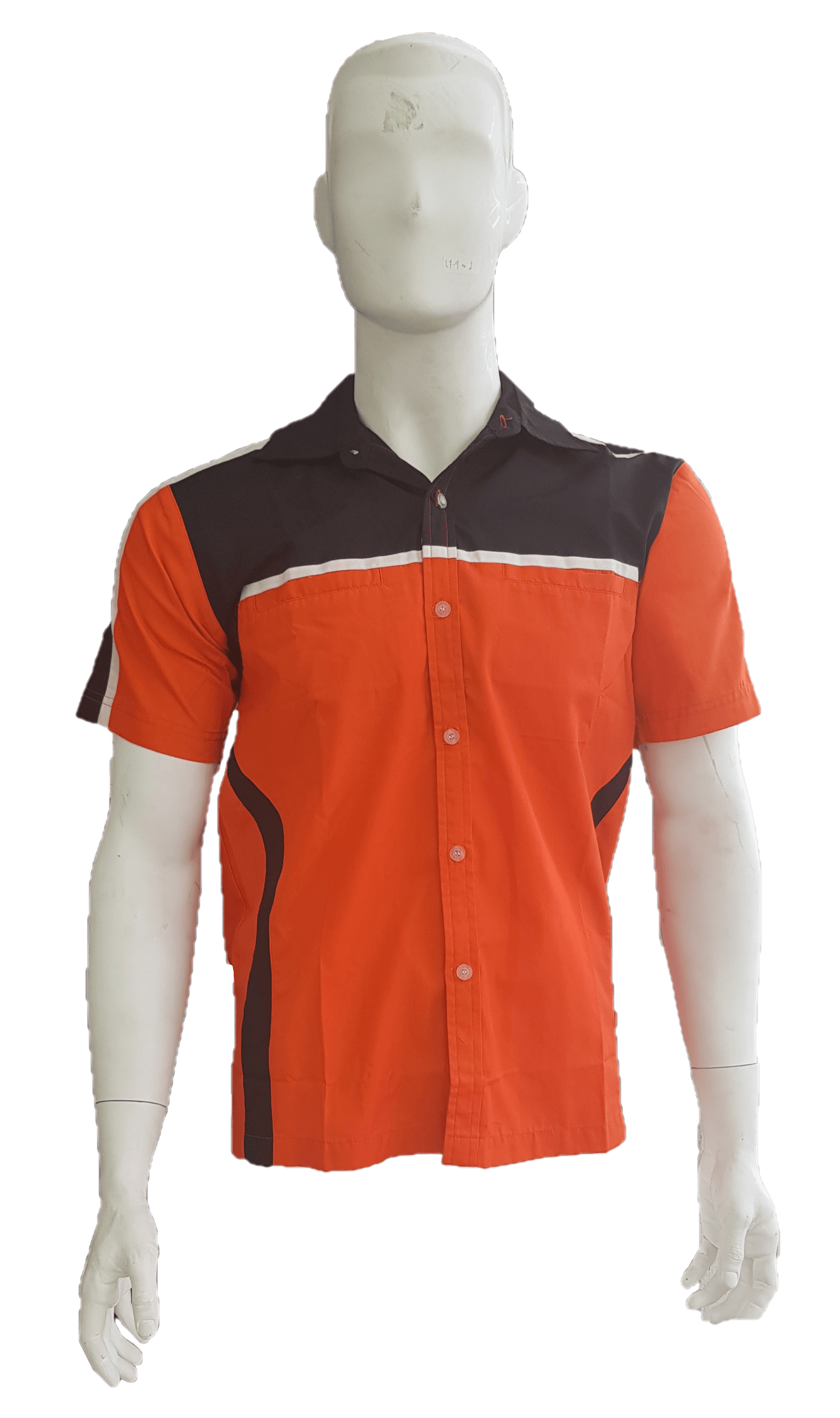 A mannequin is wearing a red and black shirt.