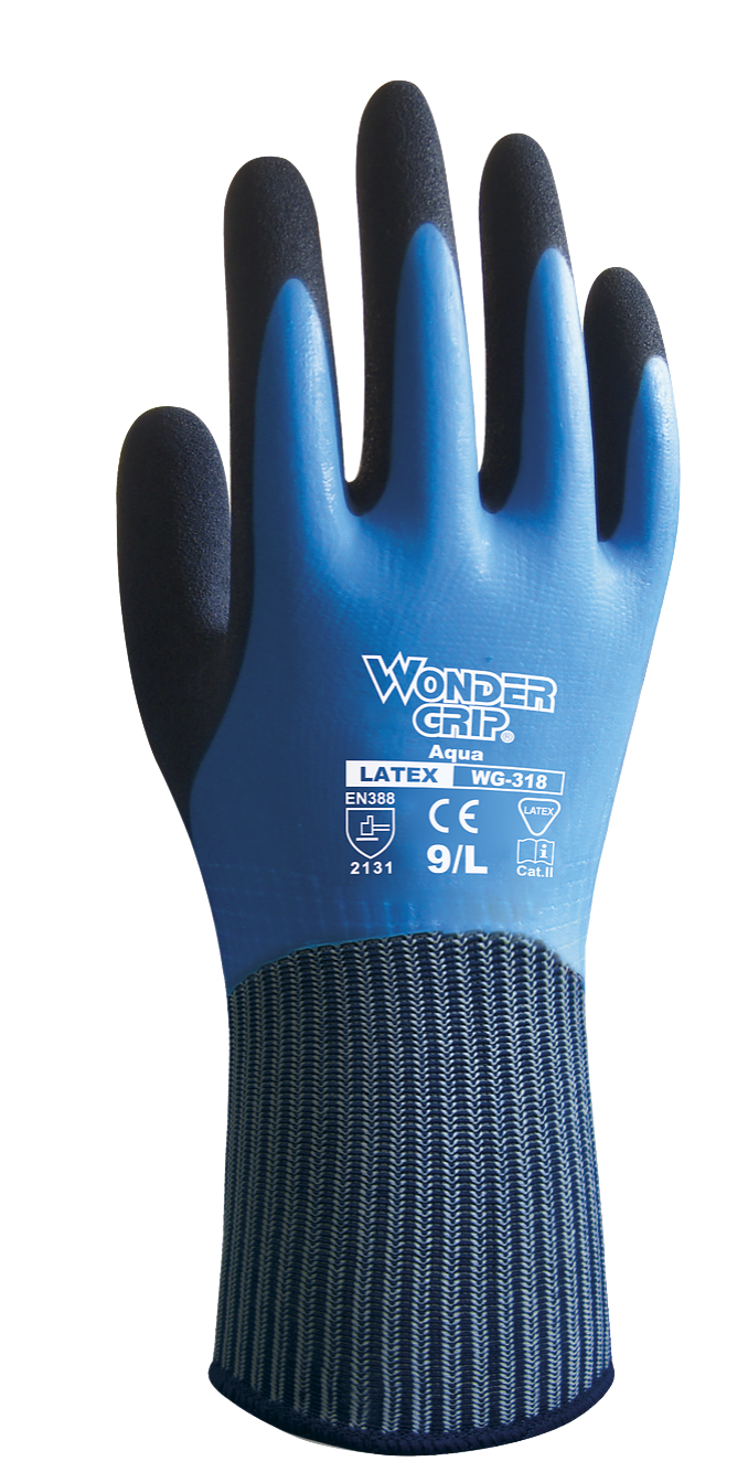 A pair of blue and black safety gloves on a white background.