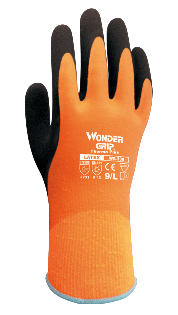 A pair of orange and black wonder grip gloves