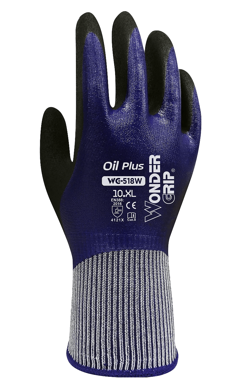 A pair of blue and black safety gloves on a white background.