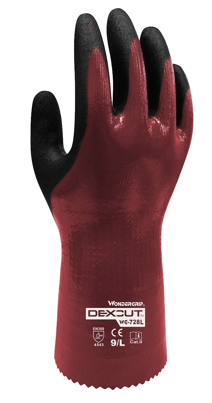 A pair of red gloves with black rubber fingers