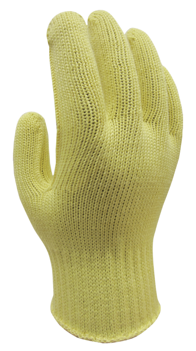 A pair of yellow knitted gloves on a white background.