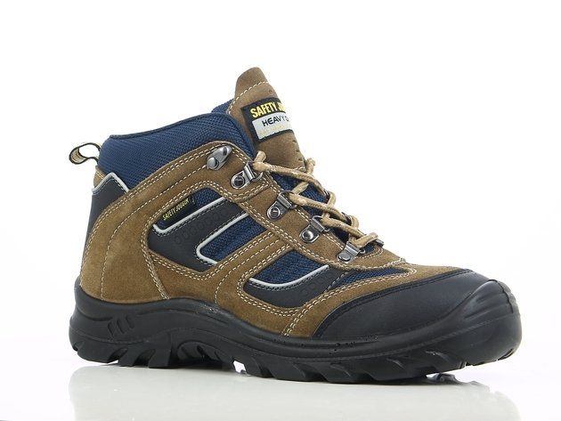 A pair of brown and blue safety boots on a white surface.