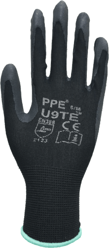 A pair of black safety gloves with black latex gloves on a white background.