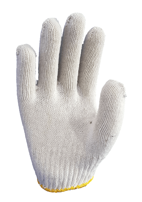 A white glove with a yellow stripe on the bottom is shown on a white background.