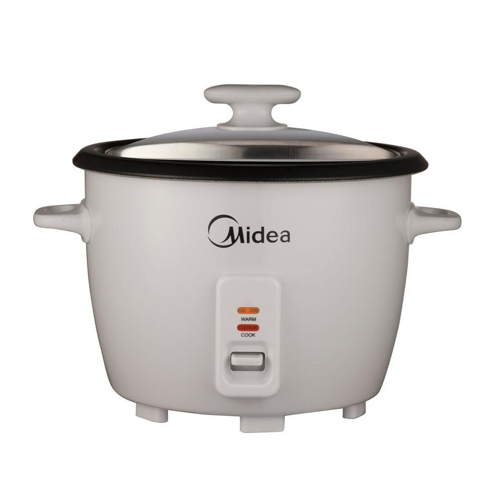 A white midea rice cooker with a glass lid on a white background.