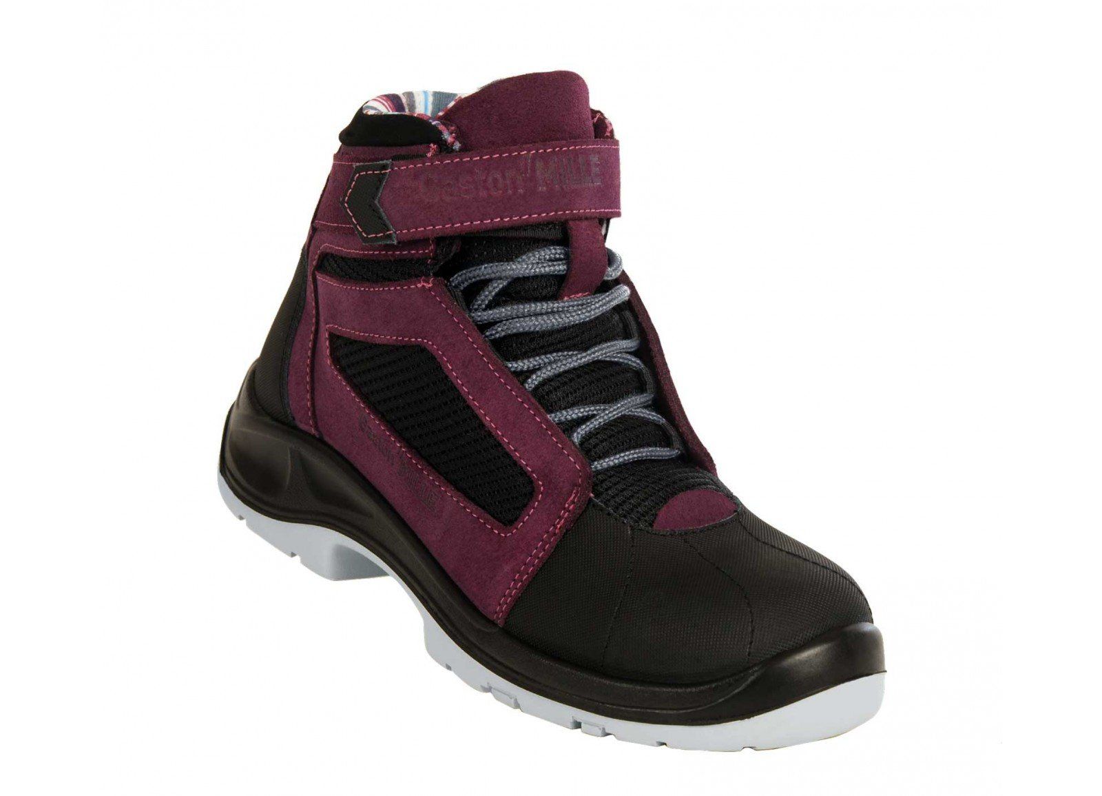 A pair of purple and black safety boots on a white background