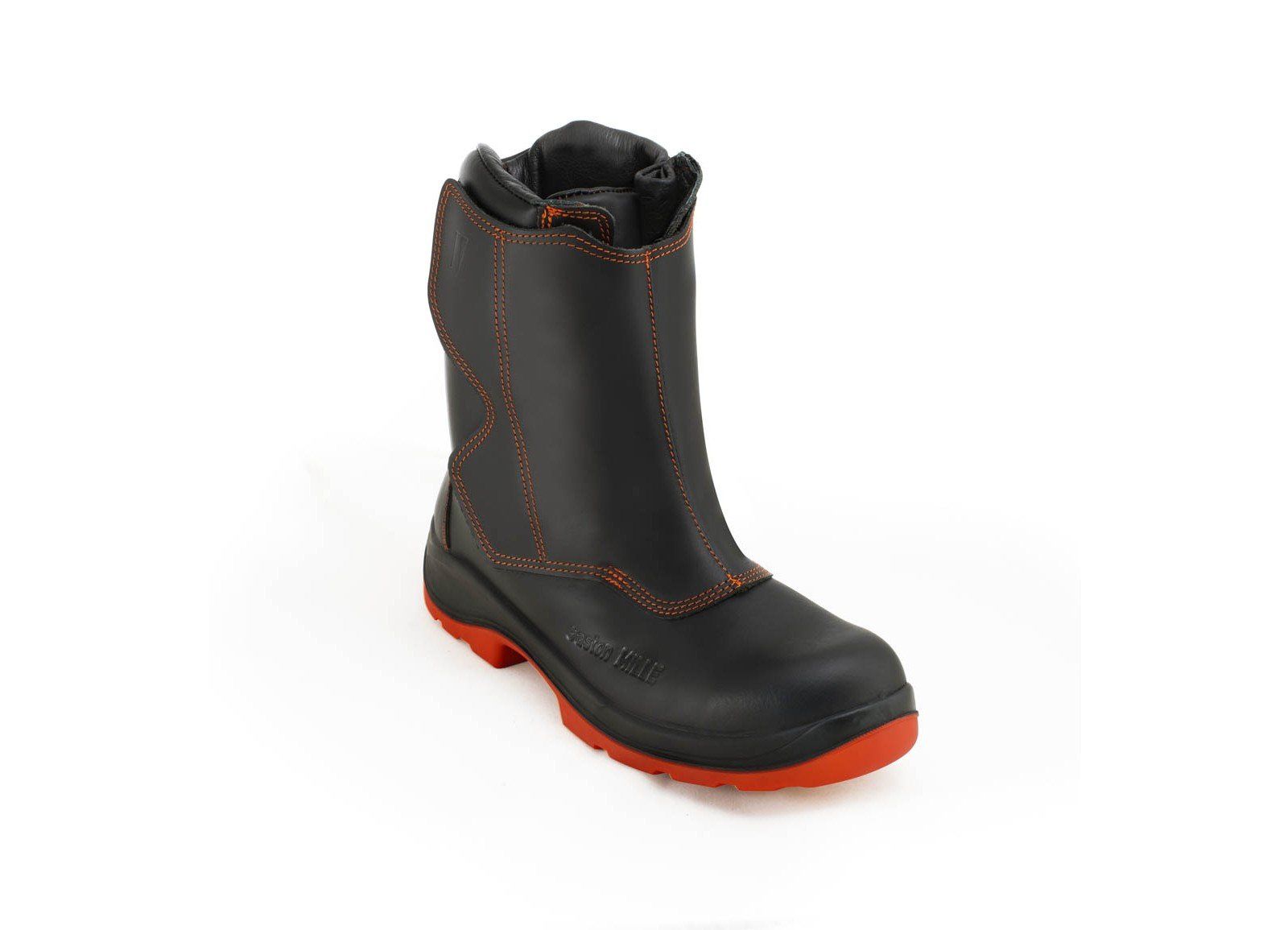 A pair of black and orange safety boots on a white background.