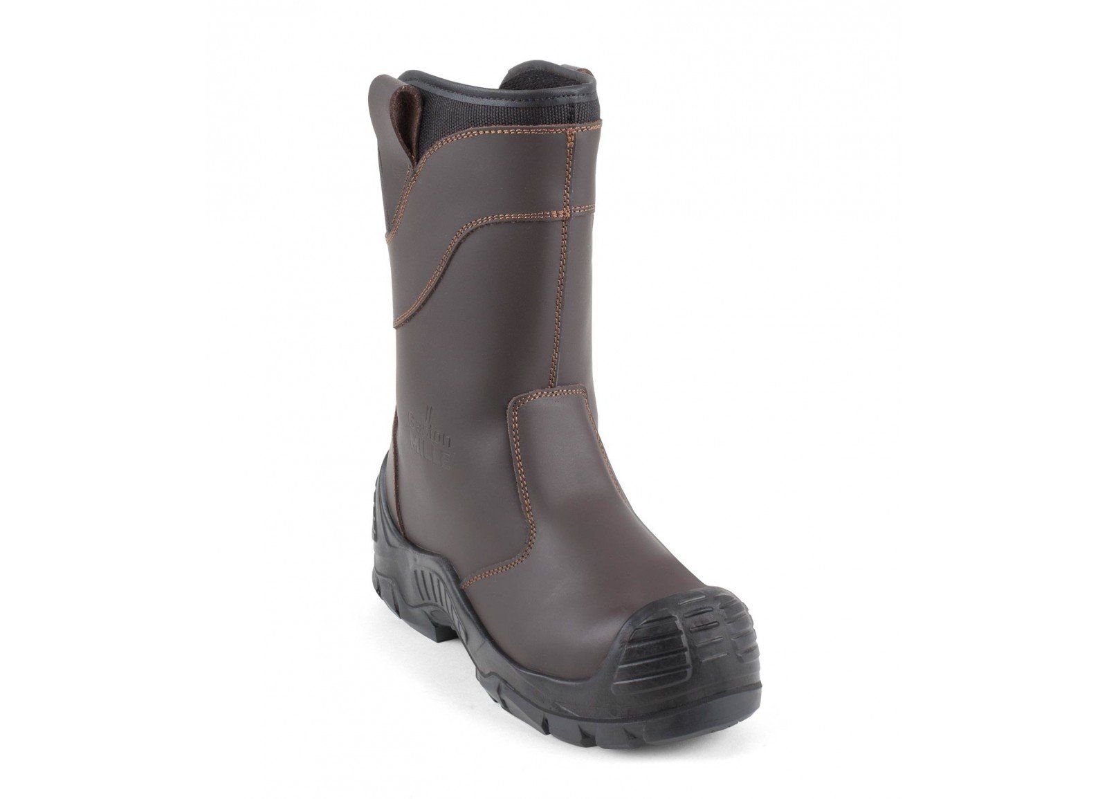 A pair of brown leather safety boots on a white background.