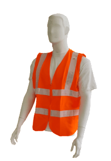 A mannequin is wearing an orange safety vest