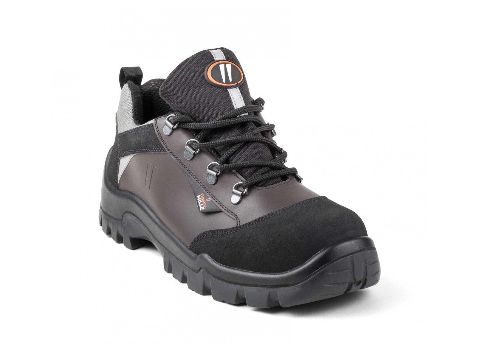 A pair of brown and black hiking shoes on a white background