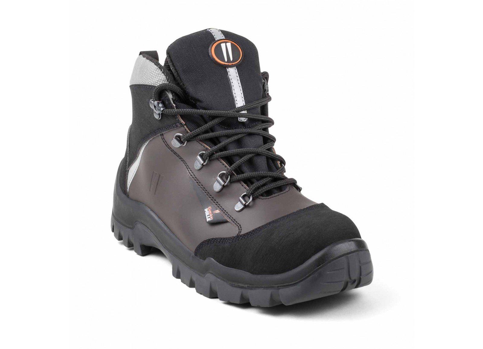 A pair of brown and black hiking boots on a white background.