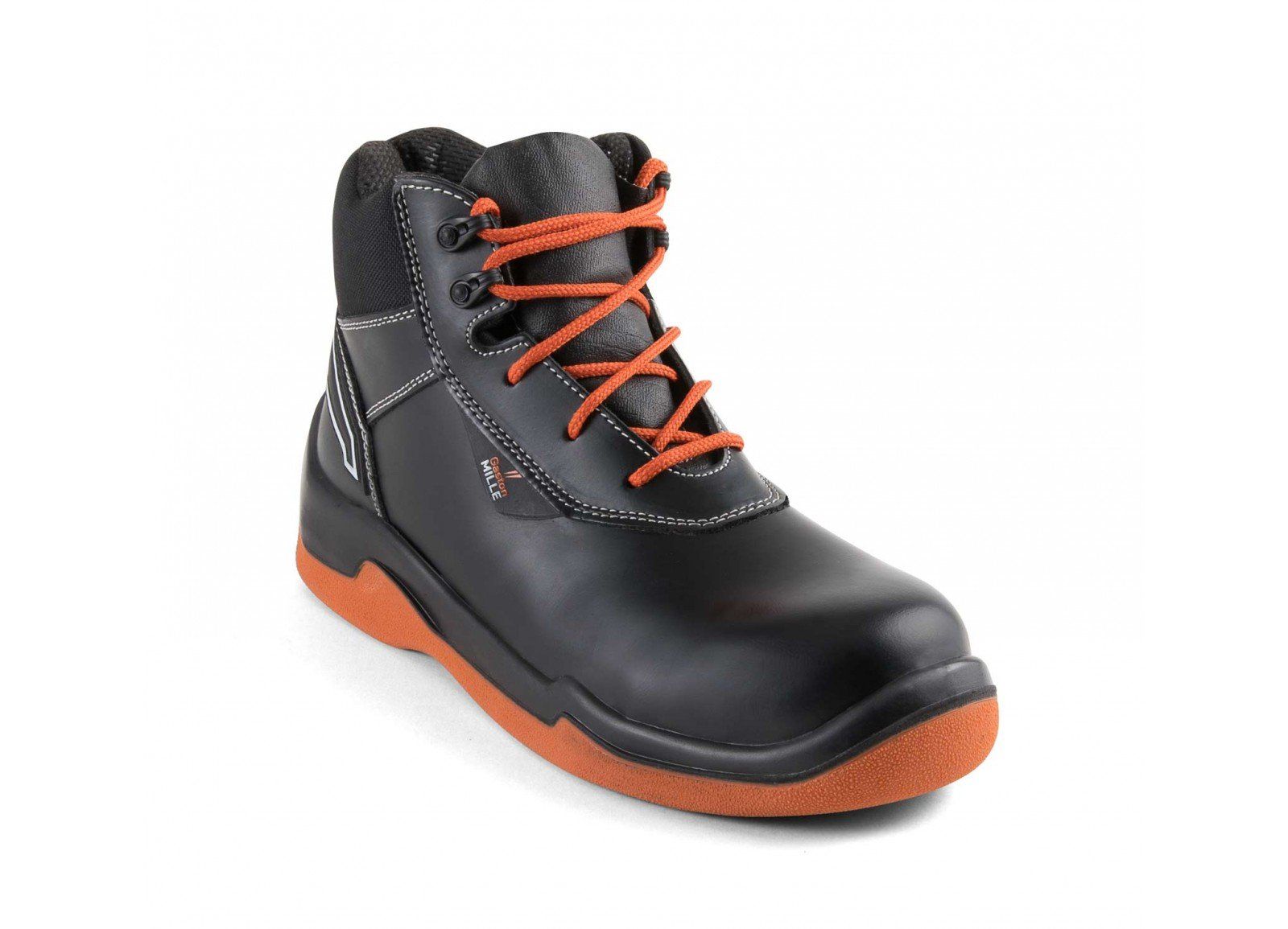 A pair of black and orange safety boots on a white background