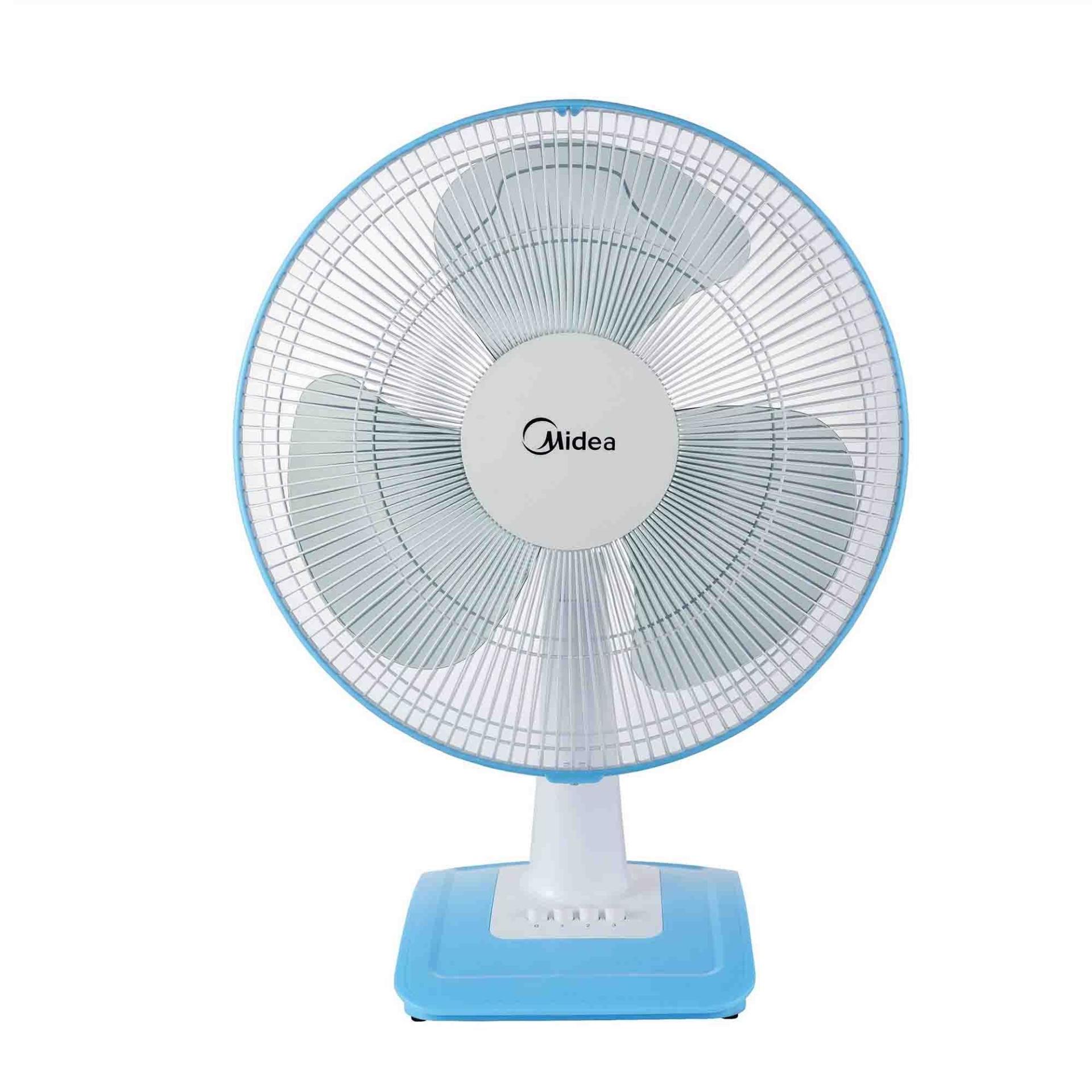 A midea table fan with a blue base on a white background.