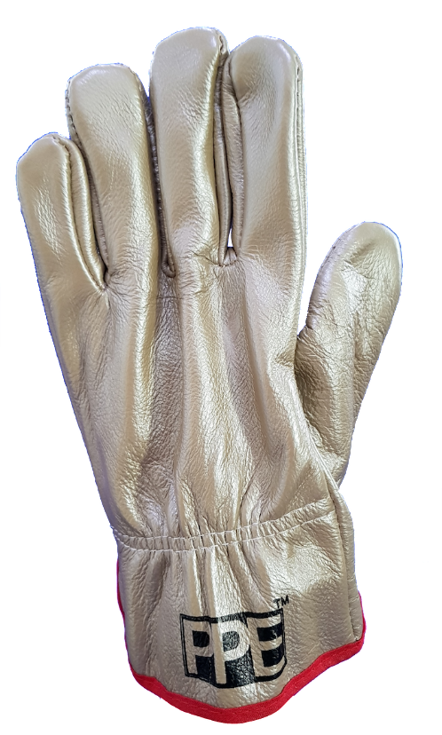 A pair of leather gloves with a red cuff on a white background.